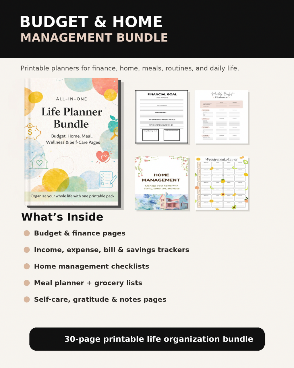 All-in-One Life Planner Bundle – Printable Budget, Home, Meal, Wellness & Self-Care Planner