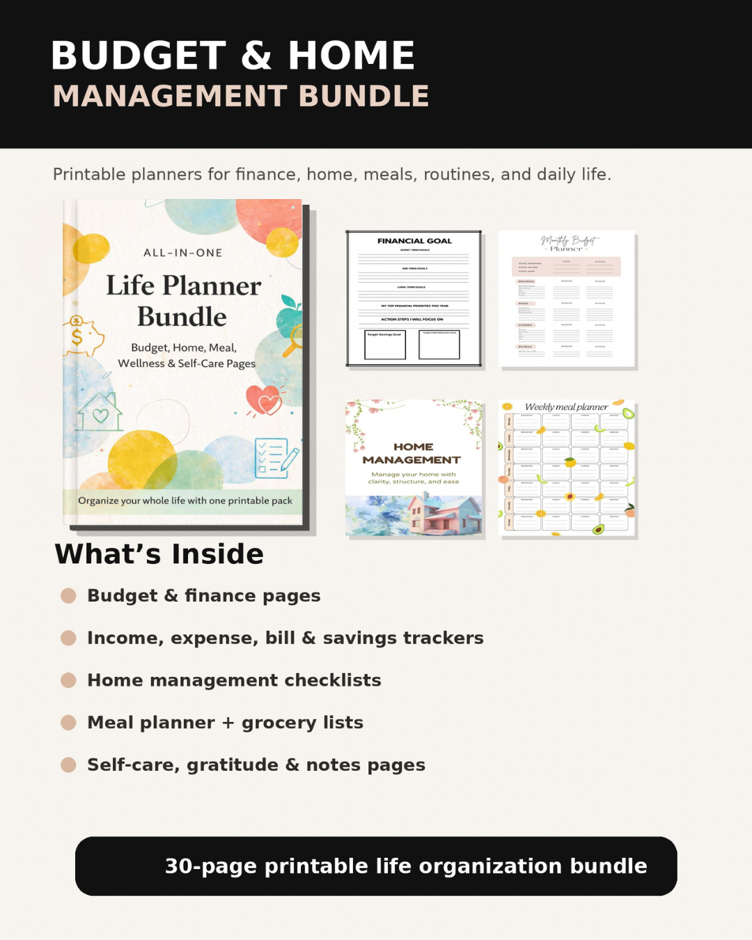 All-in-One Life Planner Bundle – Printable Budget, Home, Meal, Wellness & Self-Care Planner