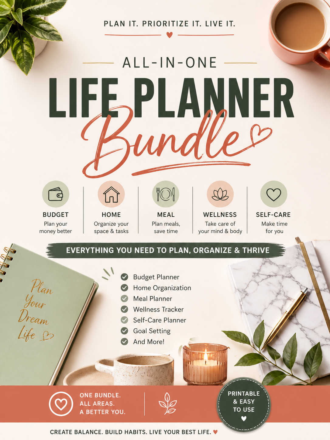 All-in-One Life Planner Bundle – Printable Budget, Home, Meal, Wellness & Self-Care Planner